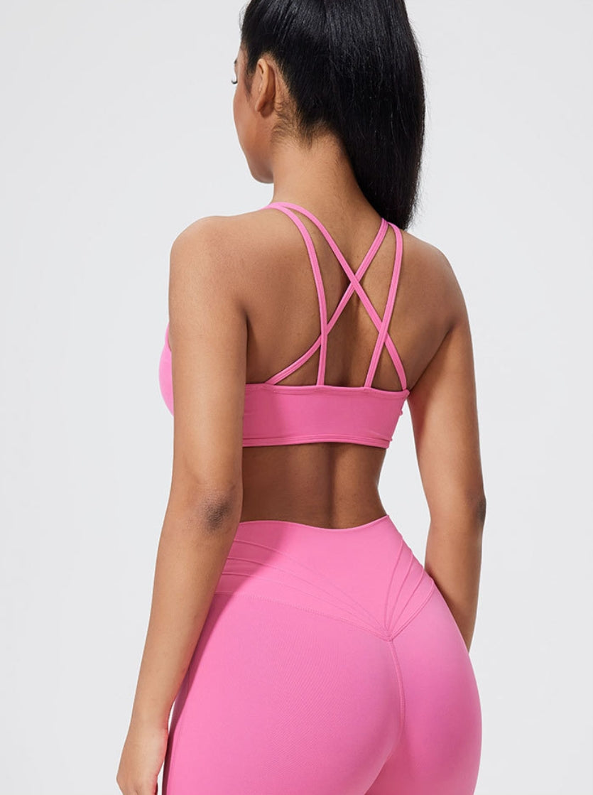 Crisscross Back Sports Bra – Ruched, Padded Yoga Top