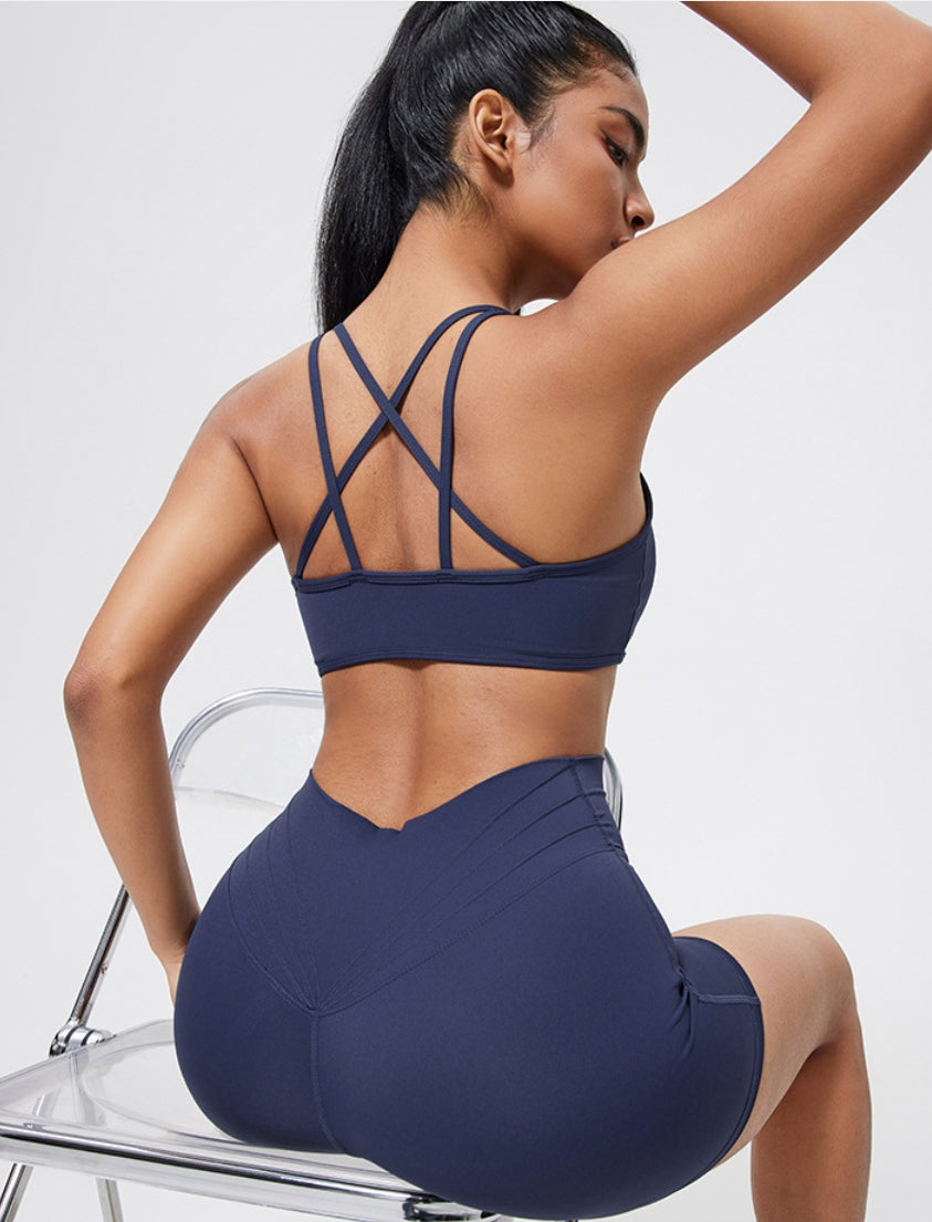Crisscross Back Sports Bra – Ruched, Padded Yoga Top
