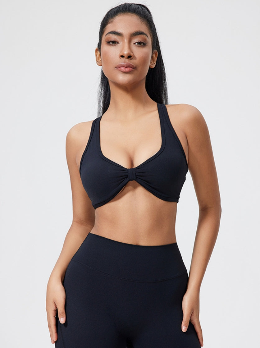 Crisscross Back Sports Bra – Ruched, Padded Yoga Top