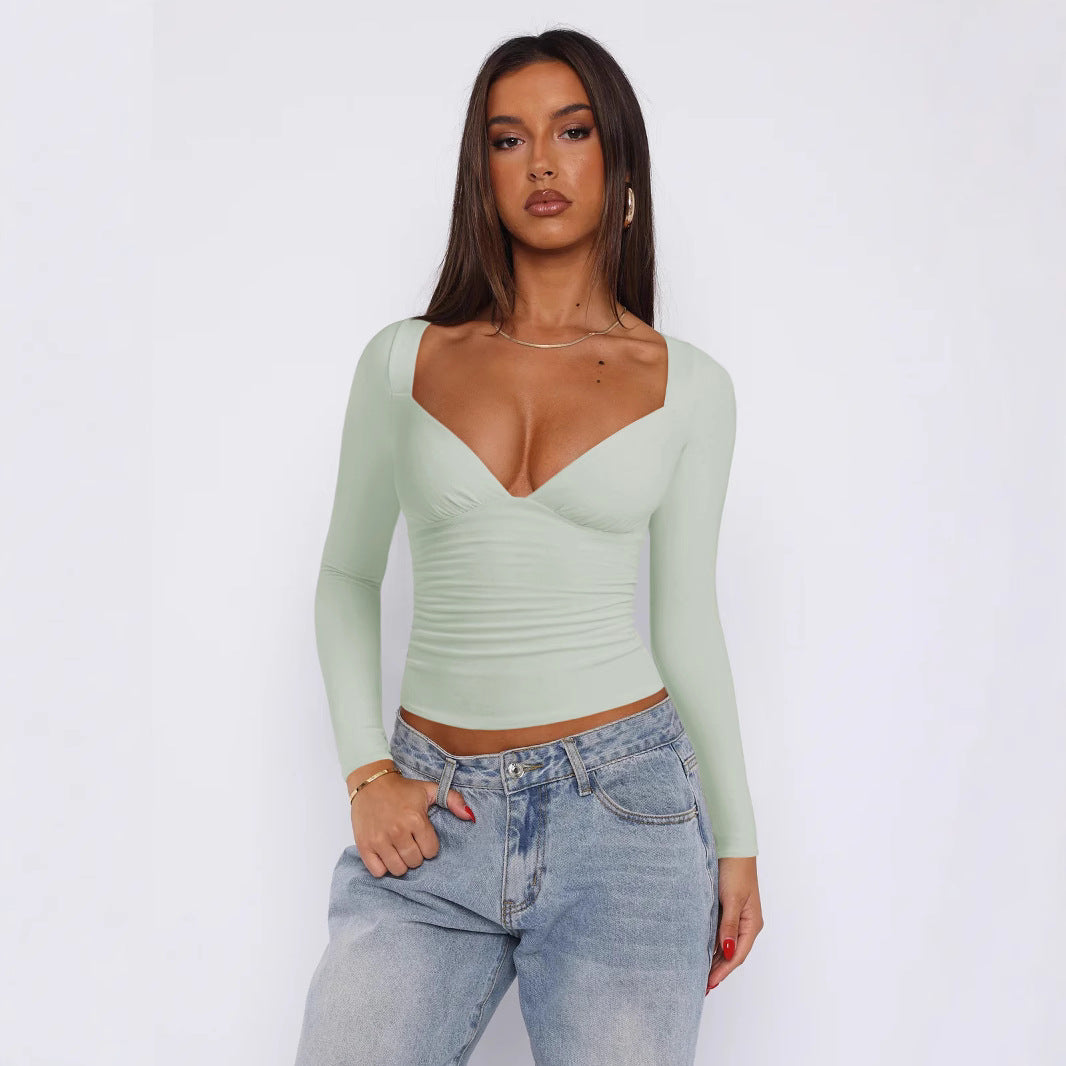 Diamond Neck Long Sleeve Top – Women’s Slim Fit Summer Style