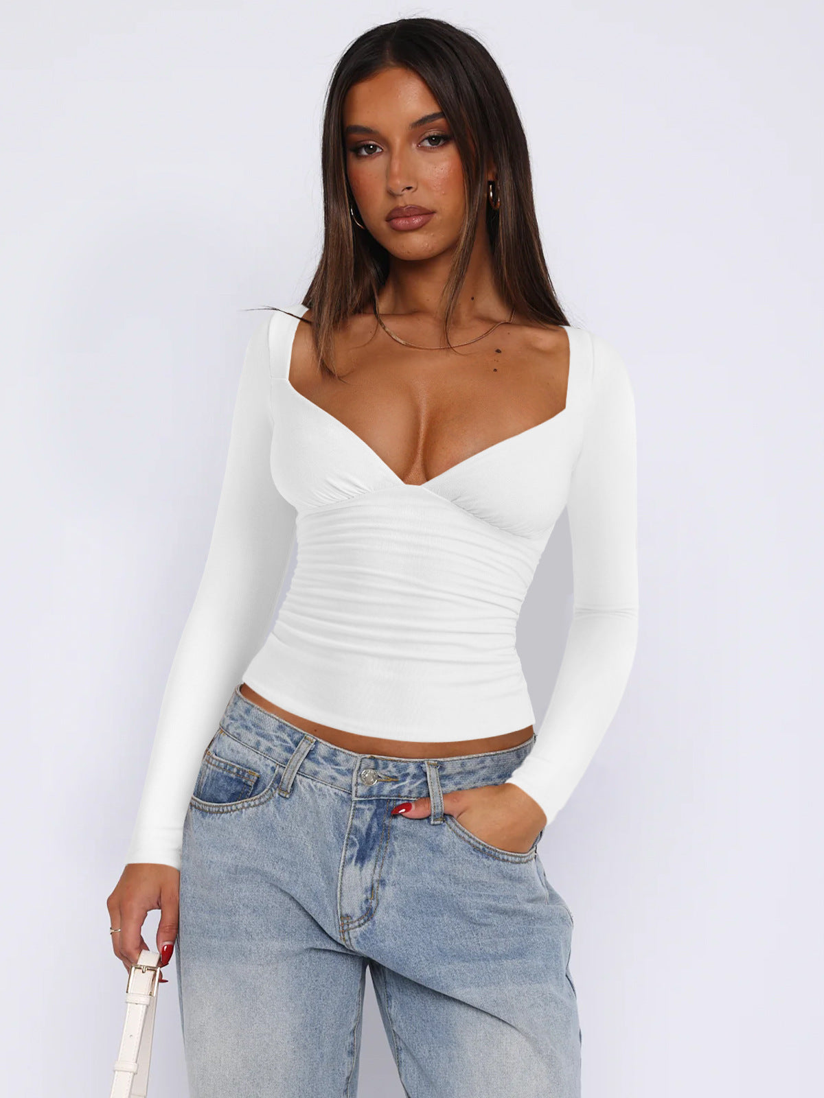 Diamond Neck Long Sleeve Top – Women’s Slim Fit Summer Style