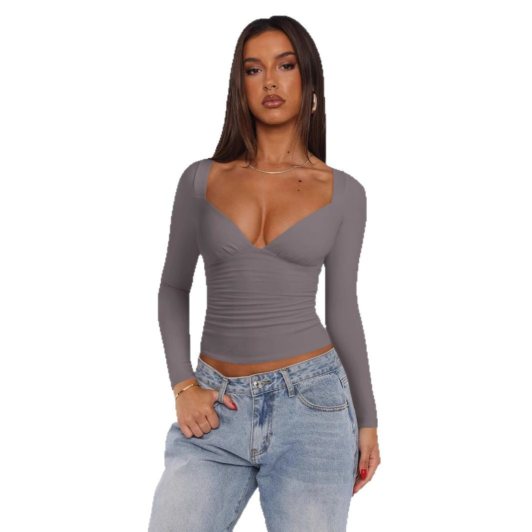 Diamond Neck Long Sleeve Top – Women’s Slim Fit Summer Style