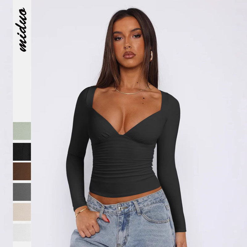 Diamond Neck Long Sleeve Top – Women’s Slim Fit Summer Style