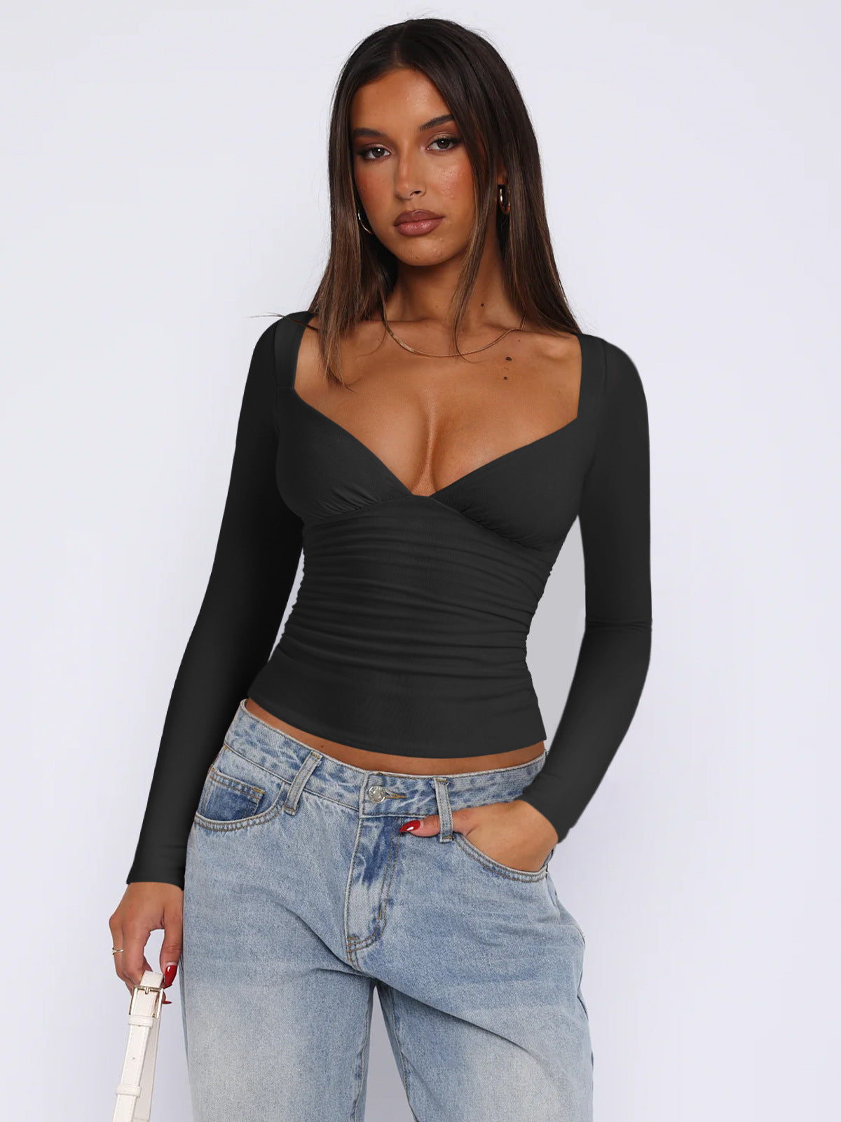 Diamond Neck Long Sleeve Top – Women’s Slim Fit Summer Style