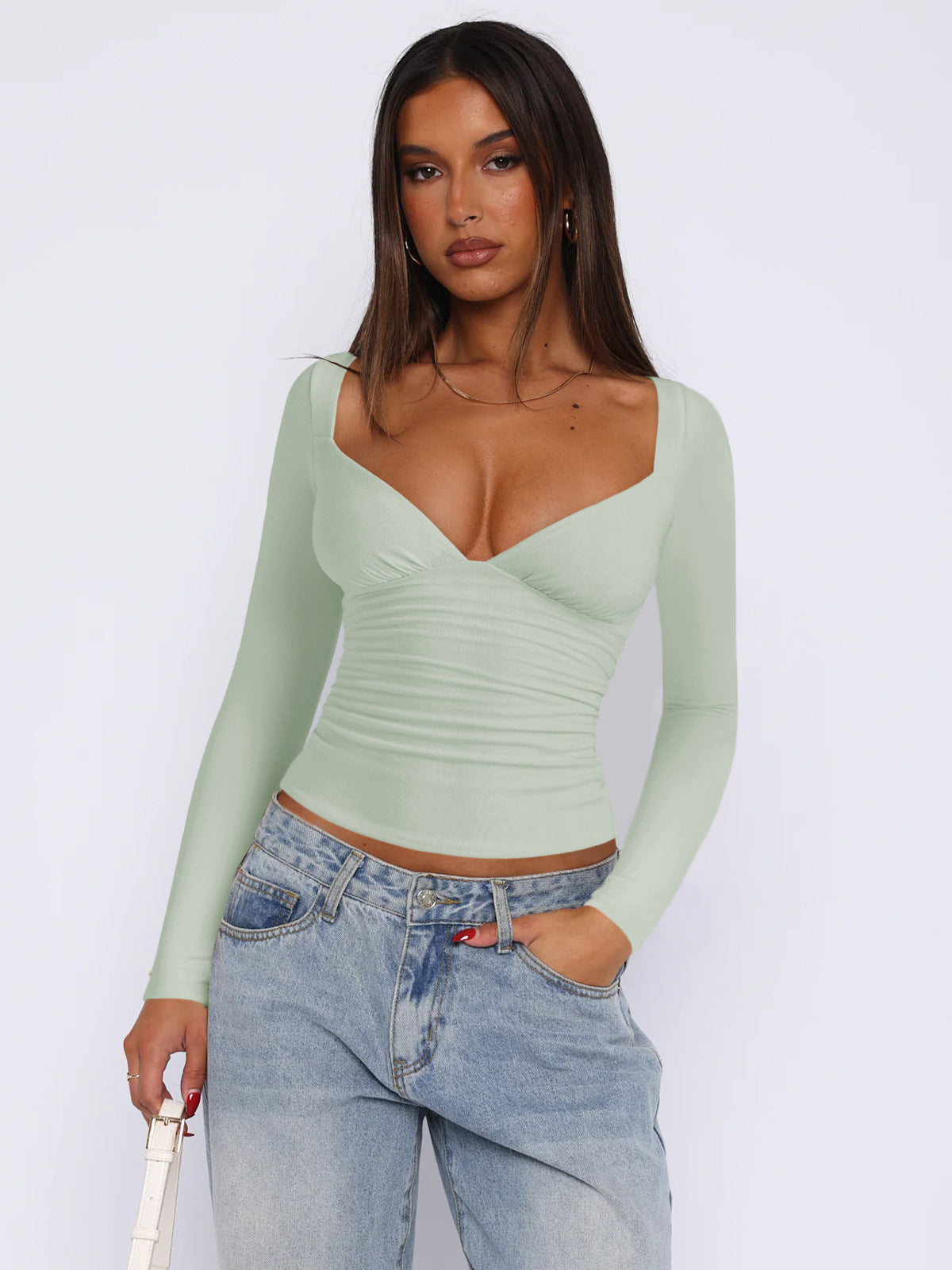 Diamond Neck Long Sleeve Top – Women’s Slim Fit Summer Style