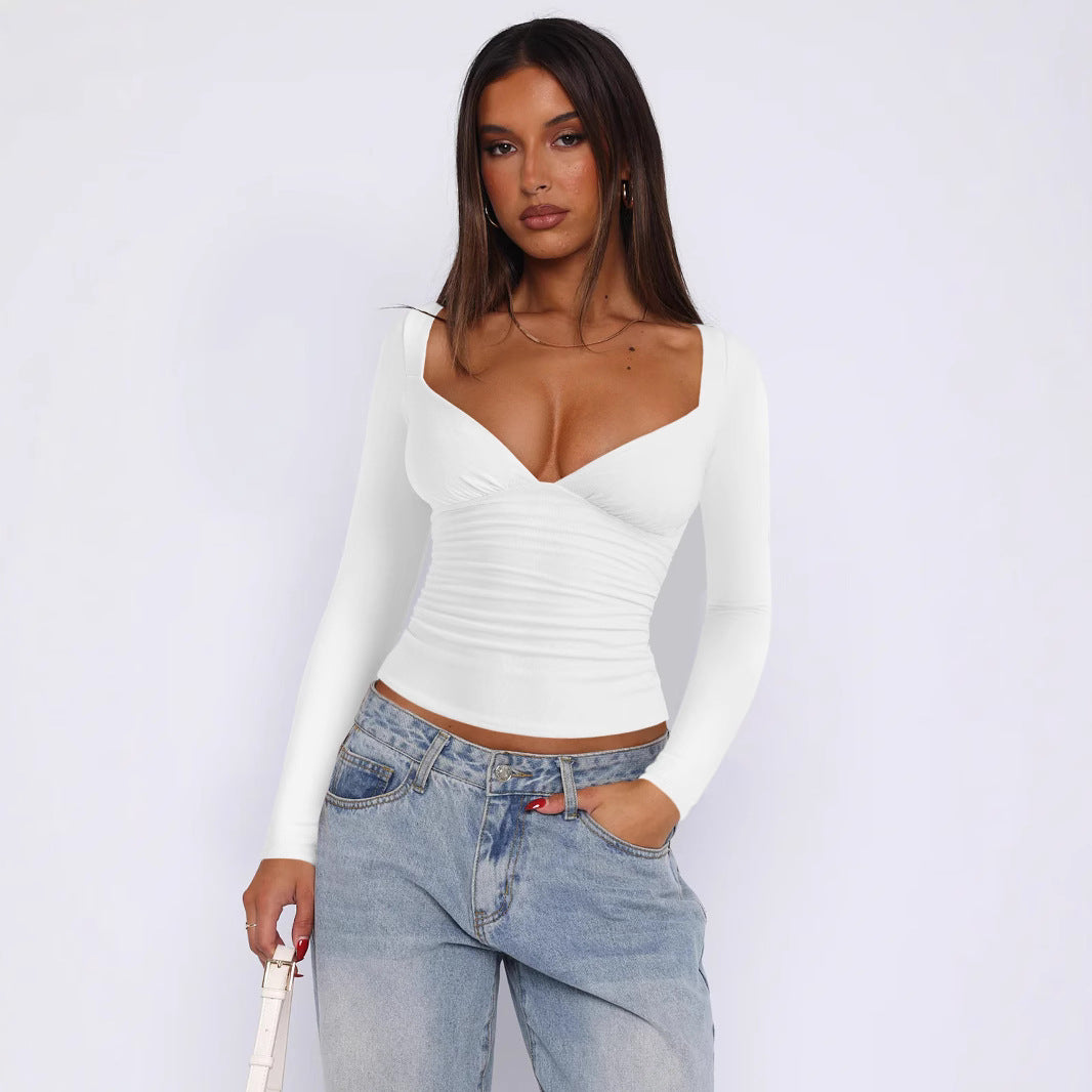 Diamond Neck Long Sleeve Top – Women’s Slim Fit Summer Style