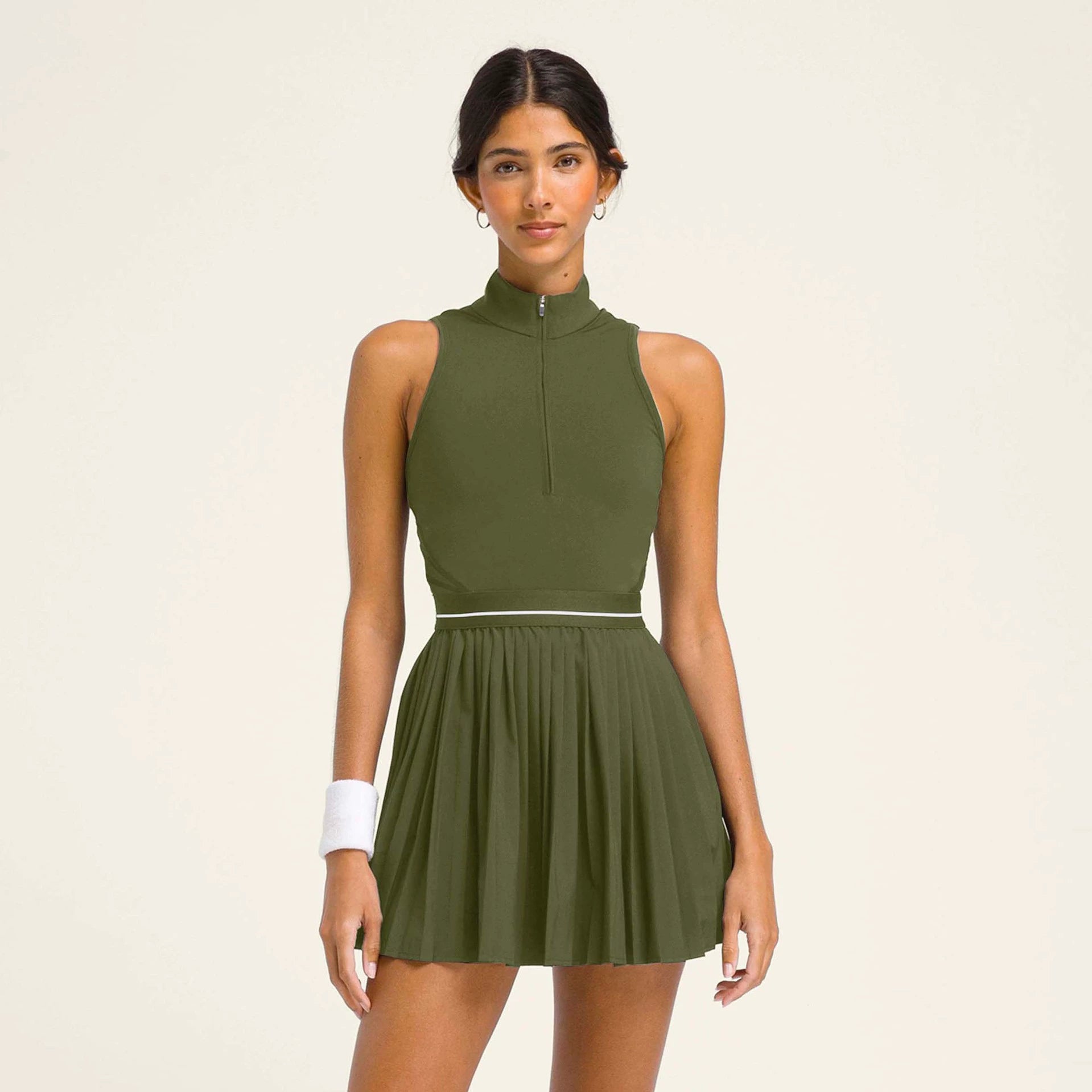Tennis Zip-Front Sports Dress – Built-In Shorts, Sleeveless Style